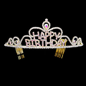 AB Gold Teardrop Crystal Rhinestone Happy Birthday Tiara. Turn any cake into a royal treat for your daughter's princess themed birthday party with this Tiara. Ideal for dolling up the guest of honor on her special day, this party tiara also makes a fun cake decoration. Add it to a gift for the birthday girl or lay it at her place setting to be donned right before she blows out the candles on her birthday cake.