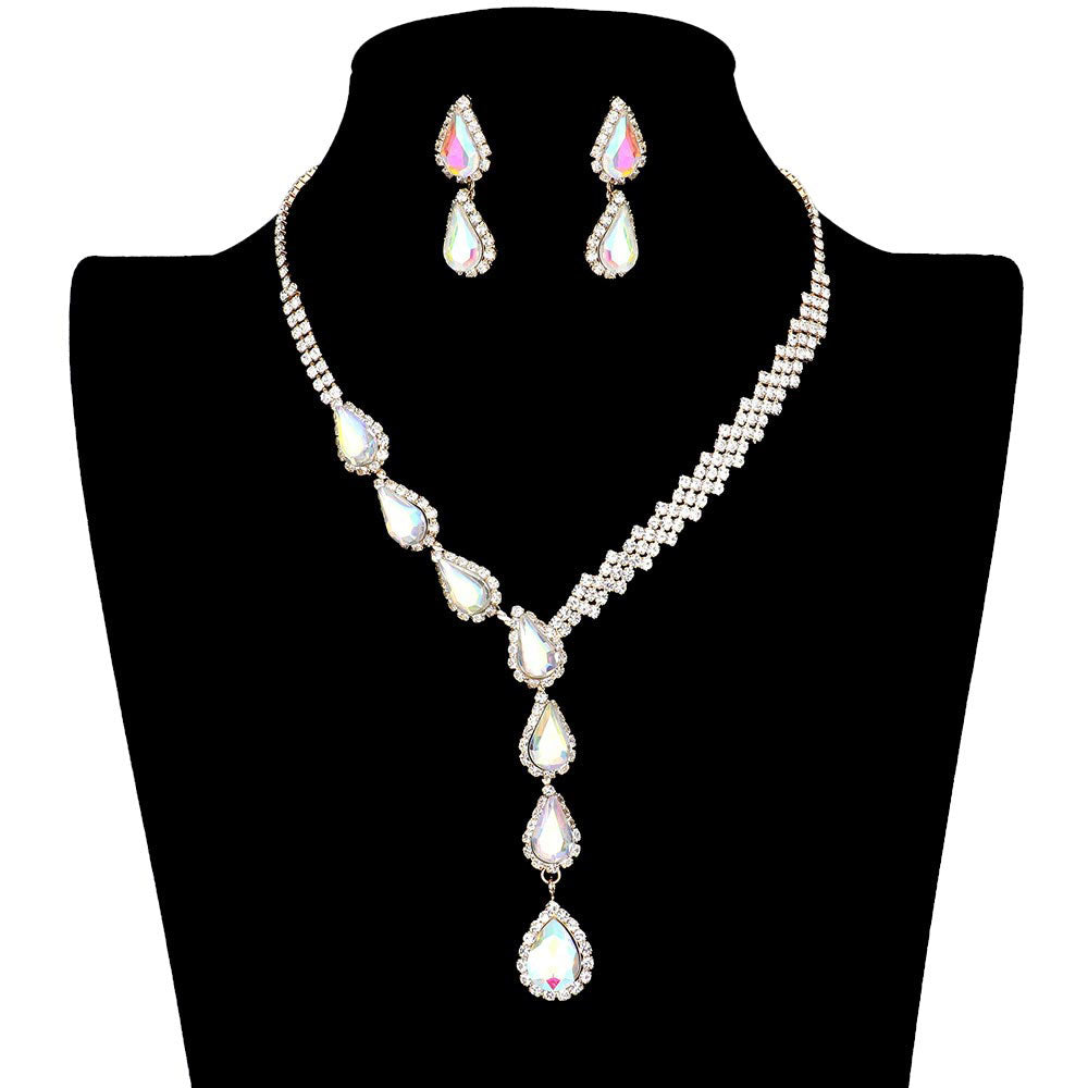 AB Gold Teardrop Crystal Rhinestone Necklace. Wear together or separate according to your event, versatile enough for wearing straight through the week, perfectly lightweight for wear, coordinate with any ensemble from business casual to wear, perfect addition to every outfit. stunning jewelry set will sparkle all night long making you shine out like a diamond. perfect for a night out on the town or a black tie party.