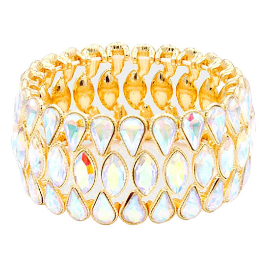AB Gold Teardrop Marquise Stone Cluster Stretch Evening Bracelet. These gorgeous marquise stone pieces will show your class in any special occasion. Eye-catching sparkle, sophisticated look you have been craving for! Fabulous fashion and sleek style adds a pop of pretty color to your attire, coordinate with any ensemble from business casual to everyday wear. Awesome gift for birthday, Anniversary, Valentine’s Day or any special occasion.