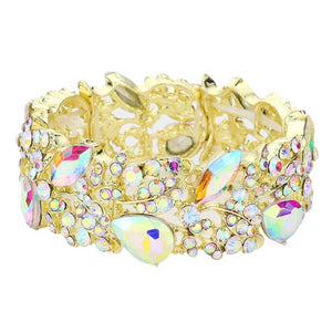 AB Gold Teardrop Marquise Stone Cluster Stretch Evening Bracelet, These gorgeous marquise stone pieces will show your class on any special occasion. Eye-catching sparkle, the sophisticated look you have been craving for! This Marquise Crystal Stretch Bracelet sparkles all around with its surrounding round stones, the stylish stretch bracelet that is easy to put on, take off and comfortable to wear.