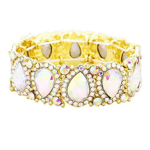 Teardrop Rhinestone Trim Stretch Evening Bracelet - AB Gold