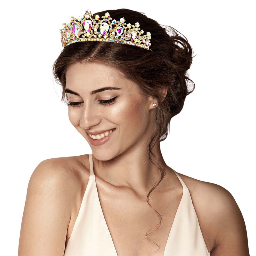 AB Gold Teardrop Stone Accented Princess Tiara, This elegant shining Stone design, makes you more charming. A stunning Teardrop Stone Accented Princess Tiara that can be a perfect Bridal Headpiece. Suitable for Any Occasion You Want to Be More Charming. These are Perfect Birthday Gifts, Anniversary Gifts, and Graduation gifts.