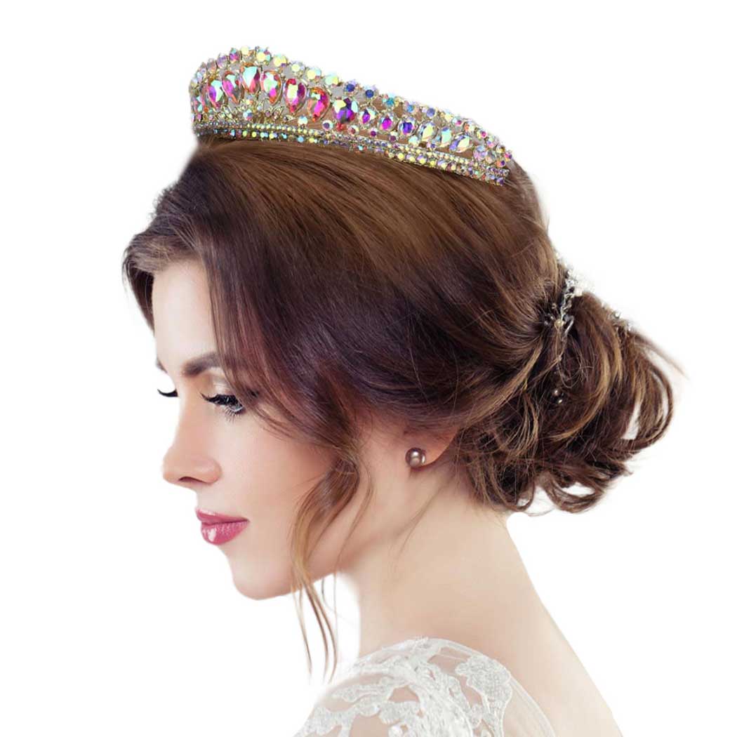 AB Gold Teardrop Stone Cluster Princess Tiara. Perfect for adding just the right amount of shimmer & shine, will add a touch of class, beauty and style to your special events, embellished glass Stone to keep your hair sparkling all day & all night long. Perfect Gift for every women.