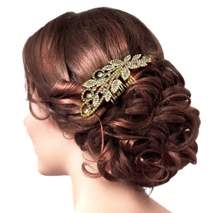 AB Gold Trendy Rhinestone Sprout Hair Comb. Perfect for adding just the right amount of shimmer & shine, will add a touch of class, beauty and style to your wedding, prom, special events, trendy rhinestone sprout hair comb will keep your hair sparkling all day & all night long. The elegant design will enhance your beauty, attracting everyone's attention and transforming you into a bright star to wear with this sprout hair comb.
