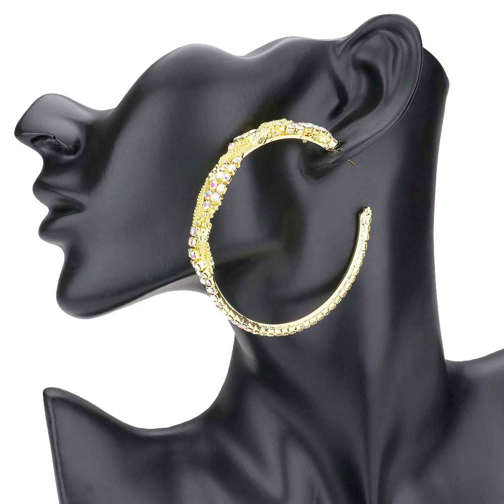 Gold Twisted Rhinestone & Metal Chain Hoop Earrings. Simple sophistication gives a lovely fashionable glow to any outfit style. Designed to enhance the earrings and add a gorgeous attractive shine to any clothing style. Perfect Birthday Gift, Anniversary Gift, Mother's Day Gift, Just Because Gift or Any Other Events.