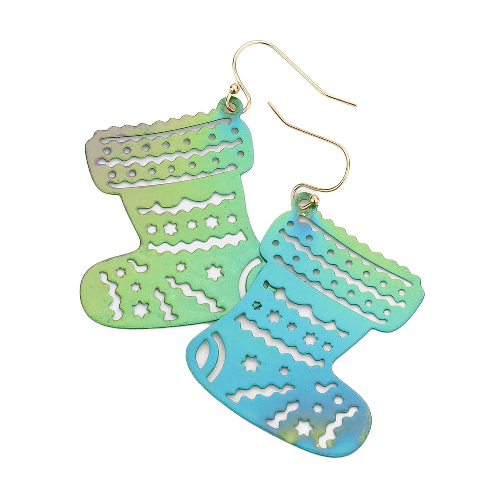 AB Green Christmas Socks Metal Cutout Dangle Earrings, embrace the spirit of Christmas with these beautiful Christmas-themed metal dangle earrings. These earrings are the perfect choice for this festive season, especially this Christmas. These earrings will dangle on your earlobes & bring a smile of joy to those who look at you. Perfect Gift for December Birthdays, Christmas, Stocking Stuffers, Secret Santa, BFF, also nice for festive decorations gifts for your friends and family. Merry Christmas.