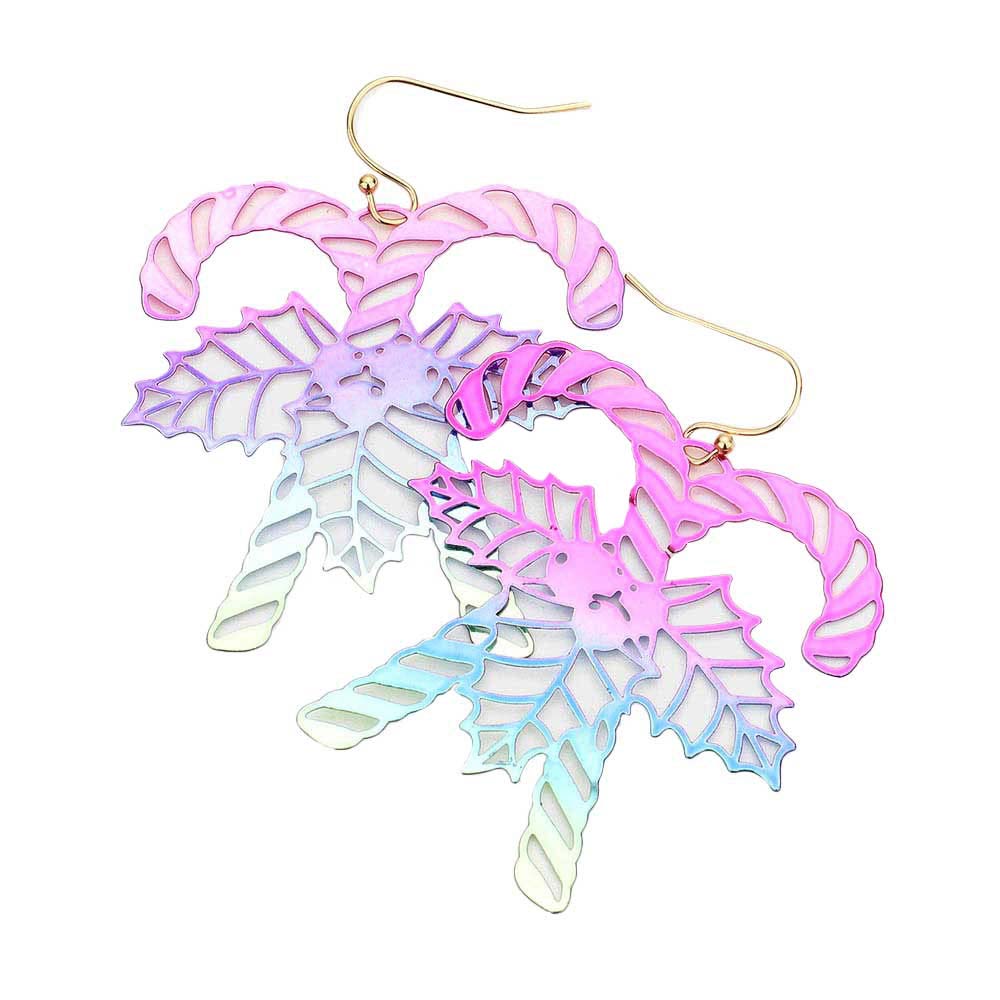 AB Multi Christmas Cane Metal Cutout Dangle Earrings, embrace the spirit of Christmas with these beautiful Christmas-themed metal dangle earrings. These earrings are the perfect choice for this festive season, especially this Christmas. These earrings will dangle on your earlobes & bring a smile of joy to those who look at you. Perfect Gift for December Birthdays, Christmas, Stocking Stuffers, Secret Santa, BFF, also nice for festive decorations gifts for your friends and family. Merry Christmas.