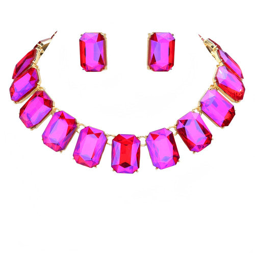 Emerald Cut Stone Link Evening Necklace Earring Set - AB Purple
