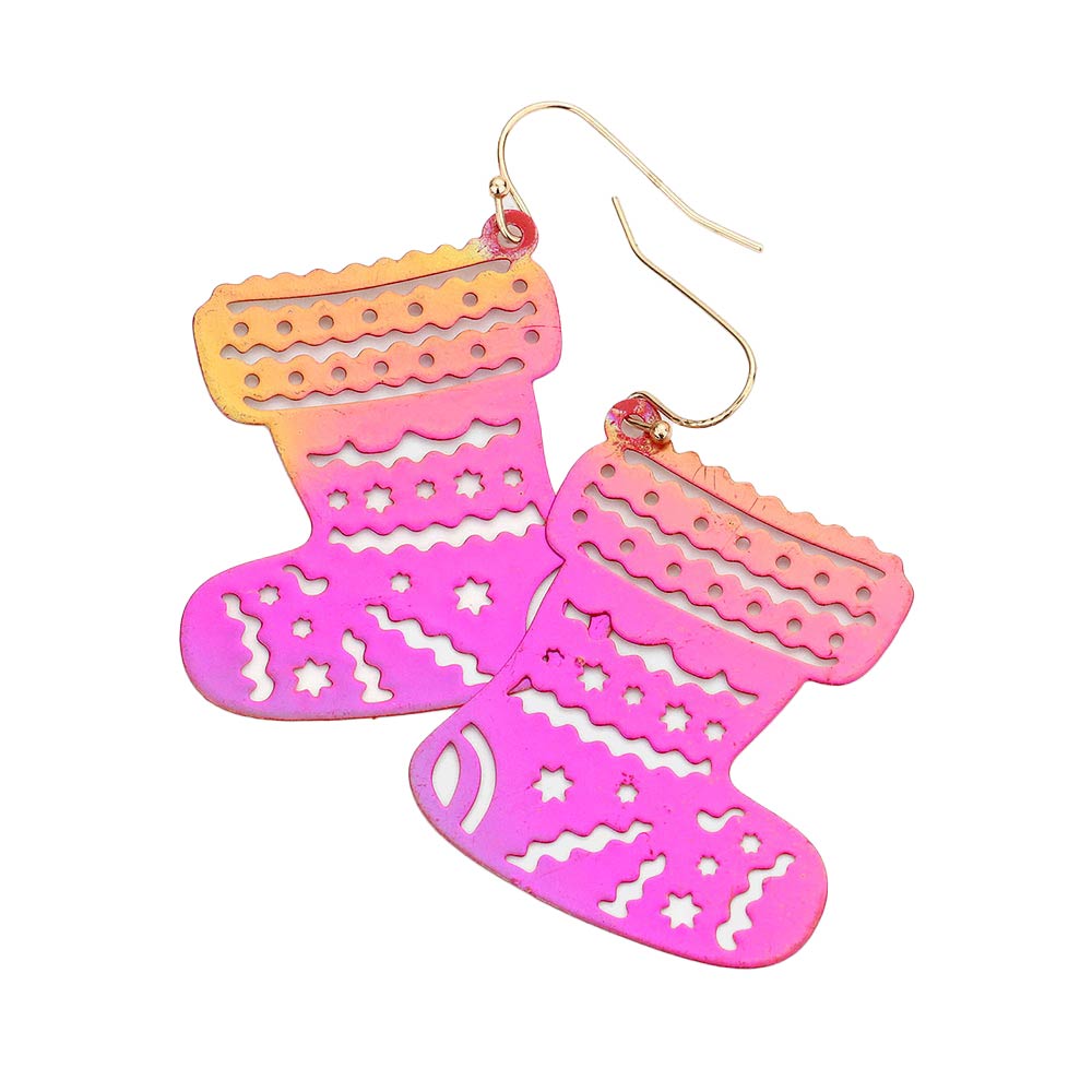 AB Red Christmas Socks Metal Cutout Dangle Earrings, embrace the spirit of Christmas with these beautiful Christmas-themed metal dangle earrings. These earrings are the perfect choice for this festive season, especially this Christmas. These earrings will dangle on your earlobes & bring a smile of joy to those who look at you. Perfect Gift for December Birthdays, Christmas, Stocking Stuffers, Secret Santa, BFF, also nice for festive decorations gifts for your friends and family. Merry Christmas.