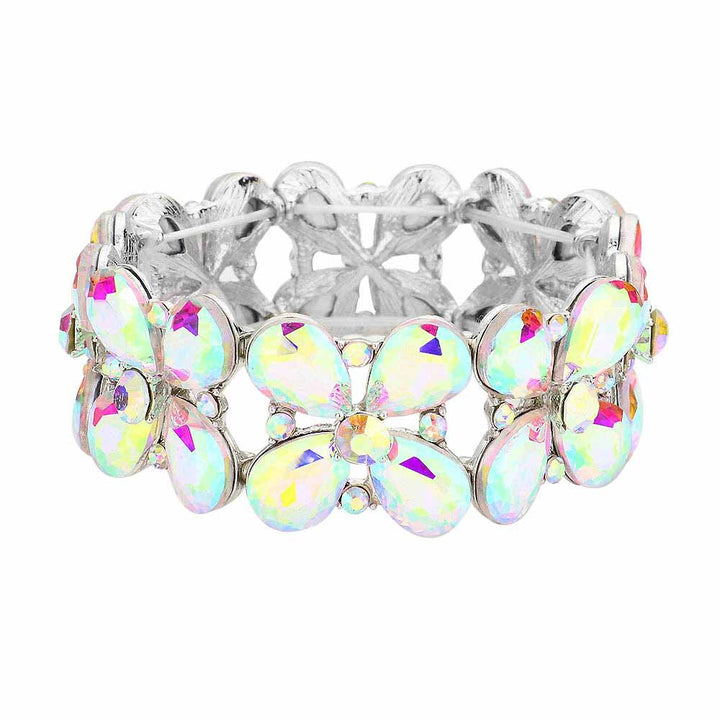 AB Rhodium Floral Teardrop Glass Crystal Stretch Evening Bracelet, this Crystal Stretch Bracelet sparkles all around with it's surrounding round stones, stylish stretch bracelet that is easy to put on, take off and comfortable to wear. It looks so pretty, brightly, and elegant on any special occasion. Jewelry offers a wide variety of exquisite jewelry for your Party, Prom, Pageant, Wedding, Sweet Sixteen, and other Special Occasions! Stay gorgeous wearing this stunning floral design stretch bracelet.