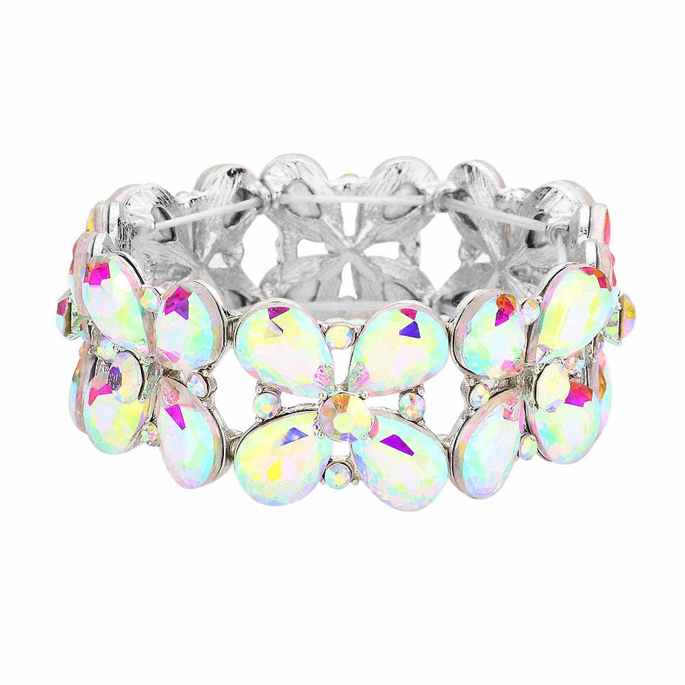 AB Rhodium Floral Teardrop Glass Crystal Stretch Evening Bracelet, this Crystal Stretch Bracelet sparkles all around with it's surrounding round stones, stylish stretch bracelet that is easy to put on, take off and comfortable to wear. It looks so pretty, brightly, and elegant on any special occasion. Jewelry offers a wide variety of exquisite jewelry for your Party, Prom, Pageant, Wedding, Sweet Sixteen, and other Special Occasions! Stay gorgeous wearing this stunning floral design stretch bracelet.