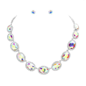 AB Rhodium Oval Stone Link Evening Necklace, this gorgeous jewelry set will show your class on any special occasion. The elegance of these stones goes unmatched, great for wearing on any special occasion! Stunning jewelry set will sparkle all night long making you shine like a diamond on special occasions.