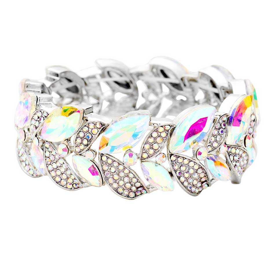 AB Rhodium Rhinestone Pave Marquise Stone Leaf Stretch Evening Bracelet. Get ready with this bracelets, Beautifully crafted design adds a gorgeous glow to any outfit. Jewelry that fits your lifestyle! Perfect Birthday Gift, Anniversary Gift, Mother's Day Gift, Anniversary Gift, Graduation Gift, Prom Jewelry, Just Because Gift, Thank you Gift.