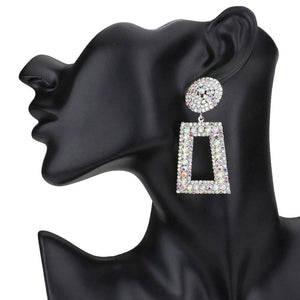 AB Rhodium Rhinestone Pave Open Rectangle Dangle Evening Earrings, This gorgeous Pave earring is classic that grasp everyone's eyes in the crowd. These stud earrings are comfortable to wear. Their exquisite shape and shining ornaments make them look more modern and beautiful. Earrings with highly quality making them as a best choice present to your loved ones. Perfectly fit for Christmas, Valentine's Day, Mother's Day, Halloween, Thanksgiving, Birthday gift or any special occasions.