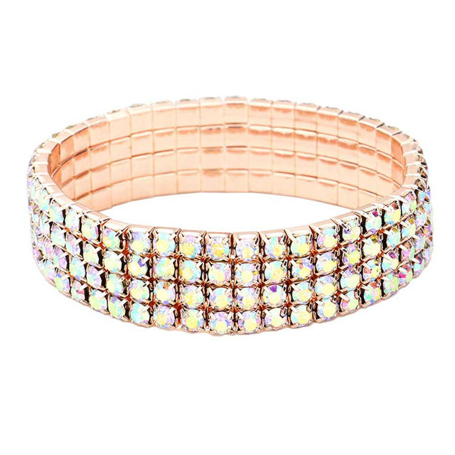 AB Rose Gold 4Rows Rhinestone Stretch Evening Bracelet, This Rhinestone Stretch Bracelet sparkles all around with it's surrounding round stones, stylish stretch bracelet that is easy to put on, take off and comfortable to wear. It looks modern and is just the right touch to set off LBD. Perfect jewelry to enhance your look. Awesome gift for birthday, Anniversary, Valentine‚Äôs Day or any special occasion.