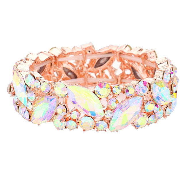 AB Rose Gold Crystal Glass Marquise Evening Stretch Bracelet. This Crystal Evening Stretch Bracelet sparkles all around with it's surrounding, stretch bracelet that is easy to put on, take off and comfortable to wear. It looks modern and is just the right touch to set off. Perfect jewelry to enhance your look. Awesome gift for birthday, Anniversary, Valentine’s Day or any special occasion.