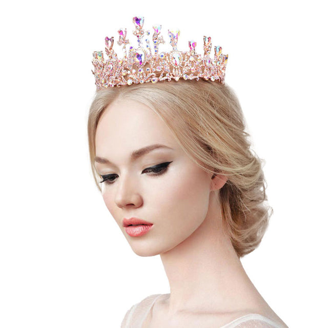 AB Rose Gold Crystal Teardrop Detail Bubble Stone Pave Marquise Tiara, this tiara features precious stones and an artistic design. Makes You More Eye-catching in the Crowd. Suitable for Wedding, Engagement, Prom, Dinner Party, Birthday Party, Any Occasion You Want to Be More Charming.