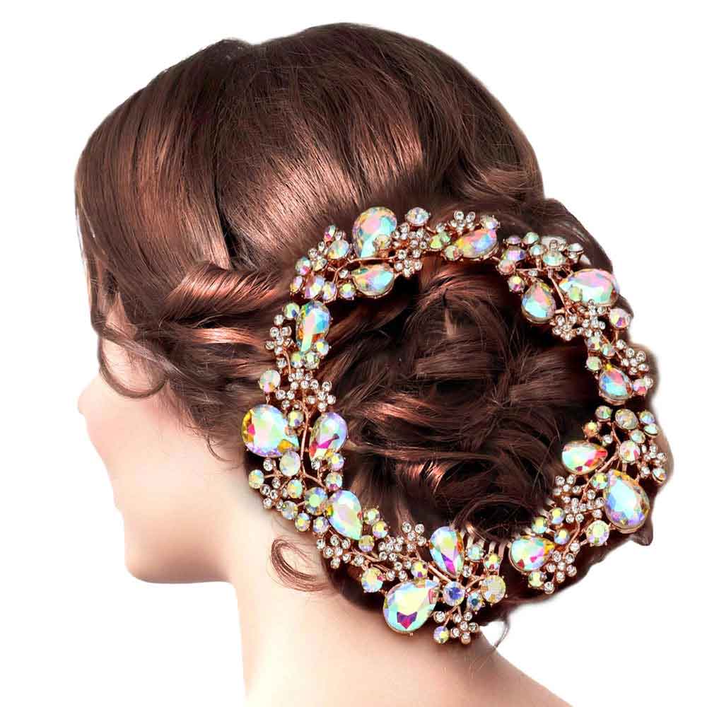 AB Rose Gold Floral Pave Glass Crystal Hair Comb, Crystal Flower Detailed Glass Pave Accented Statement Hair Comb, Perfect for adding just the right amount of shimmer & shine, will add a touch of class, beauty and style to your wedding, prom, special events, embellished glass crystal to keep your hair sparkling all day & all night long. 