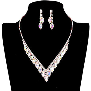 AB Rose Gold Marquise Stone Accented Rhinestone Necklace. These gorgeous Rhinestone pieces will show your class on any special occasion. The elegance of these rhinestones goes unmatched, great for wearing at a party! Perfect for adding just the right amount of glamour and sophistication to important occasions.