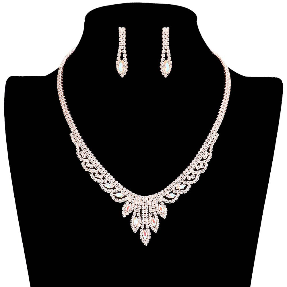AB Rose Gold Marquise Stone Accented Rhinestone Necklace, These gorgeous marquise stone-accented jewelry sets will show your perfect beauty & class on any special occasion. The elegance of these stones goes unmatched. Great for wearing at a party! Perfect for adding just the right amount of glamour and sophistication to important occasions. These classy marquise rhinestone jewelry sets are perfect for parties, weddings, and evenings.