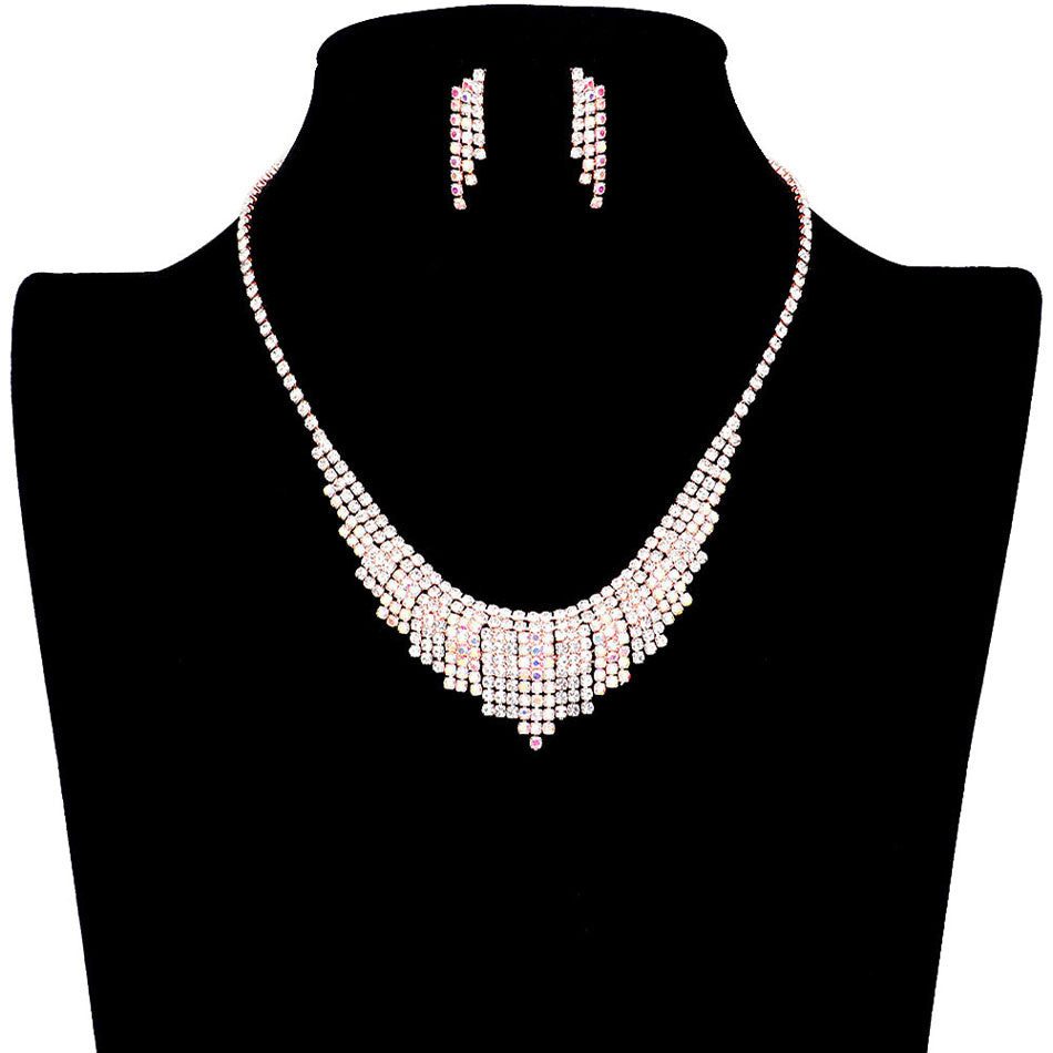 AB Rose Gold Pave Crystal Rhinestone Collar Necklace. These gorgeous rhinestone pieces will show your class in any special occasion. The elegance of these crystal goes unmatched, great for wearing at a party! stunning jewelry set will sparkle all night long making you shine like a diamond. Perfect jewelry to enhance your look. Awesome gift for birthday, Anniversary, Valentine’s Day or any special occasion.