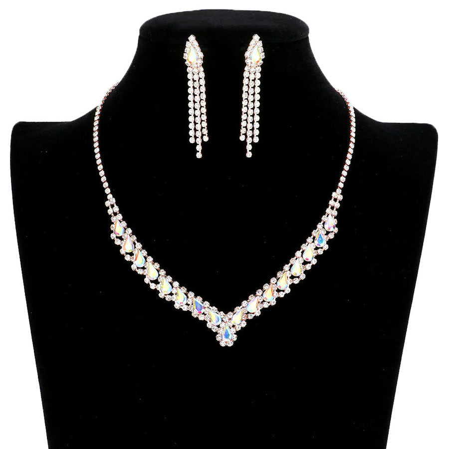 AB Rose Gold Teardrop Stone Accented Collar Rhinestone Pave Necklace, These gorgeous Rhinestone pieces will show your class on any special occasion. The elegance of these rhinestones goes unmatched. Brings a gorgeous glow to your outfit to show off royalty on any special occasion. Perfect for adding just the right amount of glamour and sophistication to important occasions. These classy Rhinestone Jewelry Sets are perfect for parties, Weddings, and Evenings. 