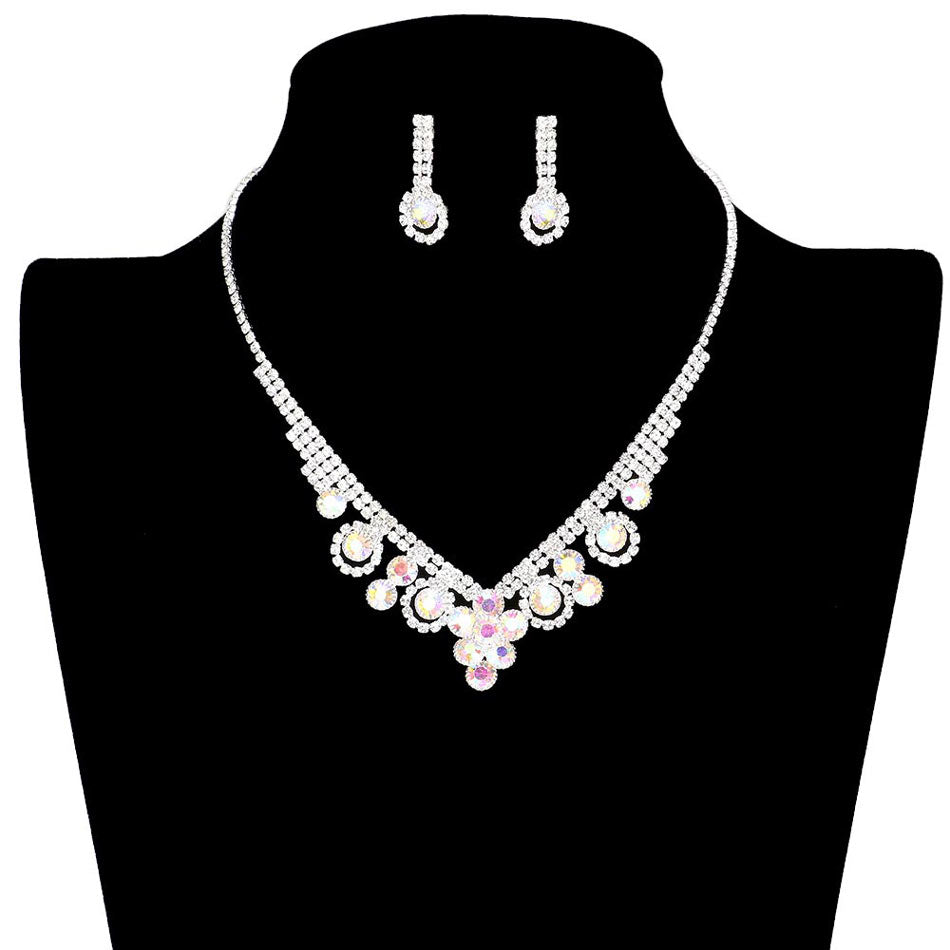AB Gold Round Stone Flower Accented Rhinestone Pave Necklace. Wear a pop of shine to complete your ensemble with perfect beauty with extra luxe. The perfect accessory for adding the right amount of shimmer and a touch of class to special events. These classy flower & leaf themed rhinestone pave necklaces are perfect for Party, Wedding, Evening. Awesome gift for birthday, Anniversary, Valentine’s Day, or any special occasion. Show your ultimate class!