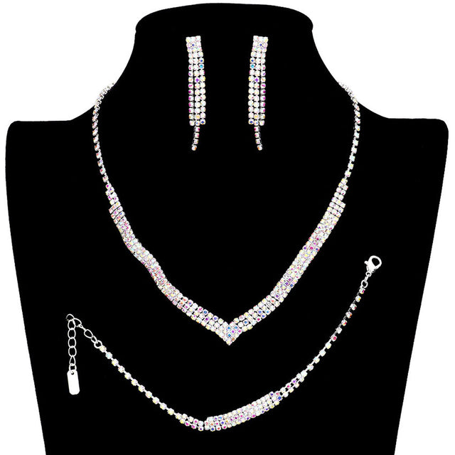 AB Silver 3PCS 3Rows Crystal Rhinestone Necklace Jewelry Set. These gorgeous Rhinestone pieces will show your class in any special occasion. The elegance of these Crystal goes unmatched, great for wearing at a party! . Perfect for adding just the right amount of glamour and sophistication to important occasions. These classy necklaces are perfect for Party, Wedding and Evening. Awesome gift for birthday, Anniversary, Valentine‚Äö√Ñ√¥s Day or any special occasion.