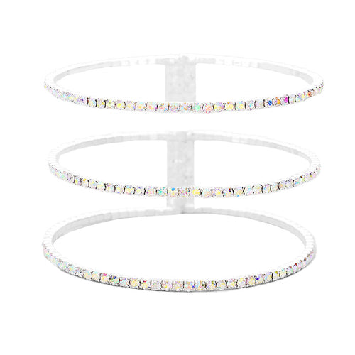 3Row Split Layer Round Crystal Detail Cuff Evening Bracelet - AB Silver