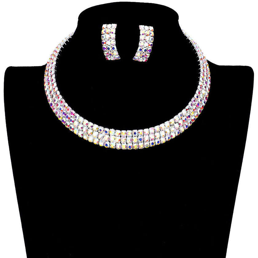 AB Silver 3Rows Rhinestone Open Choker Necklace. The elegance of these necklace goes unmatched, great for wearing at a party! Designed to accent the neckline, a fashion faithful, adds a gorgeous stylish glow to any outfit style, jewelry that fits your lifestyle! Fabulous gift, ideal for your loved one or yourself.