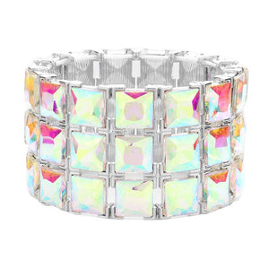 AB Silver 3Rows Square Stone Stretch Evening Bracelet, Get ready with this stretchable Bracelet and put on a pop of color to complete your ensemble. Perfect for adding just the right amount of shimmer & shine and a touch of class to special events. Wear with different outfits to add perfect luxe and class with incomparable beauty. Just what you need to update in your wardrobe.