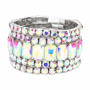 AB Silver 5PCS Rectangle Round Stone Stretch Multi Layered Bracelets, Add this 5 piece multi layered bracelet to light up any outfit, feel absolutely flawless. perfectly lightweight for all-day wear, coordinate with any ensemble from business casual to everyday wear, put on a pop of color to complete your ensemble. Awesome gift idea for birthday, Anniversary, Valentine’s Day or any special occasion.