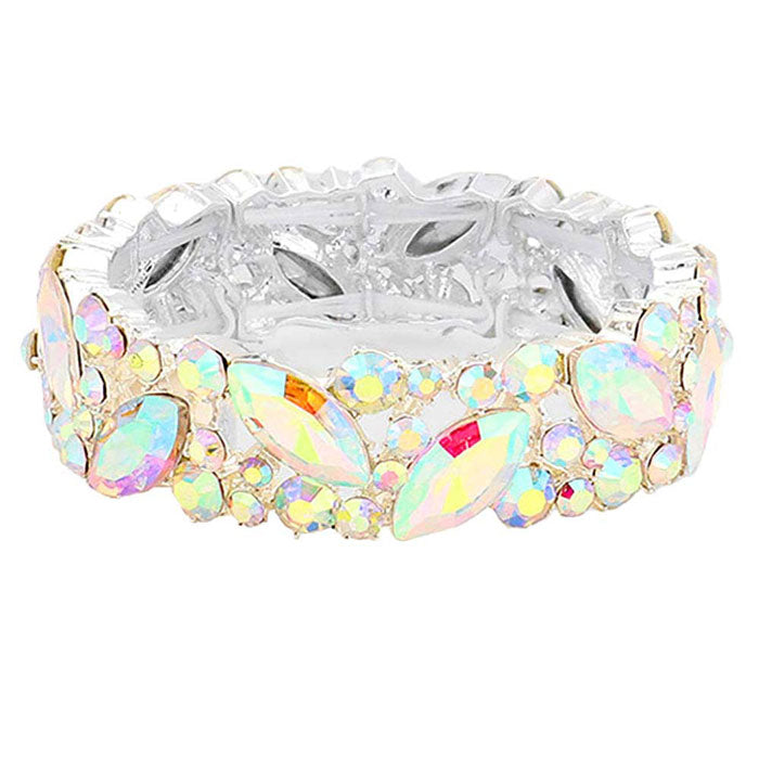 AB SIlver Crystal Glass Marquise Evening Stretch Bracelet. This Crystal Evening Stretch Bracelet sparkles all around with it's surrounding, stretch bracelet that is easy to put on, take off and comfortable to wear. It looks modern and is just the right touch to set off. Perfect jewelry to enhance your look. Awesome gift for birthday, Anniversary, Valentine’s Day or any special occasion.