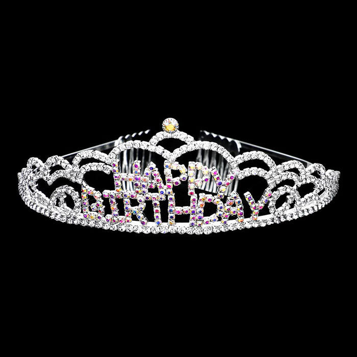 AB Silver Crystal Rhinestone Happy Birthday Party Tiara. this crystal rhinestone tiara is a classic royal tiara made from gorgeous rhinestone that reveals the epitome of elegance and birthday luxury, and grace. This unique Hair Jewelry is suitable for birthdays. to add a luxe, attraction, and a perfect touch of class. It's a very exquisite gift for the birthday girl that will bring a smile of joy to her.