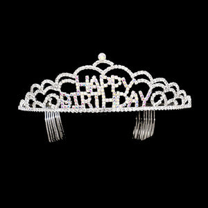 AB Silver Crystal Rhinestone Happy Birthday Party Tiara. this crystal rhinestone tiara is a classic royal tiara made from gorgeous rhinestone that reveals the epitome of elegance and birthday luxury, and grace. This unique Hair Jewelry is suitable for birthdays. to add a luxe, attraction, and a perfect touch of class. It's a very exquisite gift for the birthday girl that will bring a smile of joy to her.