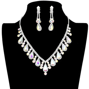 AB Silver Crystal Rhinestone Teardrop Necklace Clip on Earring Set, beautifully crafted design adds a gorgeous glow to any outfit to show your ultimate class. Jewelry that fits your lifestyle with the perfect look! The perfect accessory for adding just the right amount of shimmer and a touch of class to special events. It's perfectly lightweight so that it can be worn throughout the whole week. 