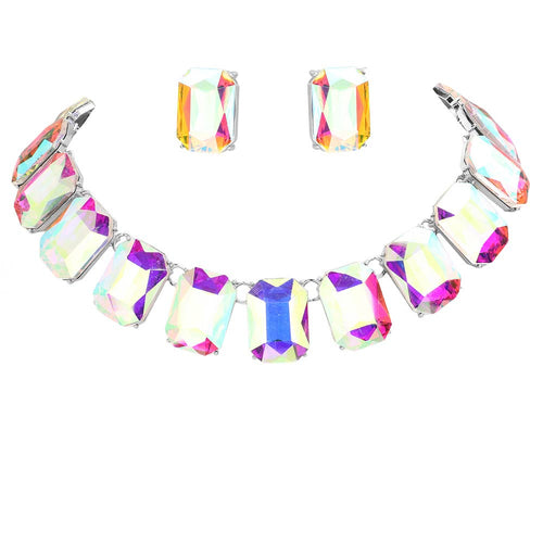 Emerald Cut Stone Link Evening Necklace Earring Set - ABSilver