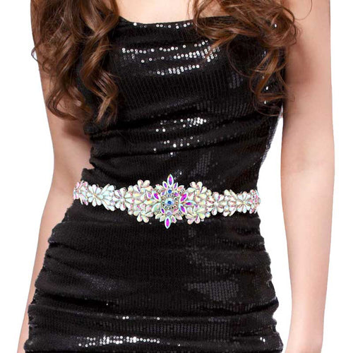 Floral Crystal Sash Ribbon Wedding Bridal Belt Headband - ABSilver