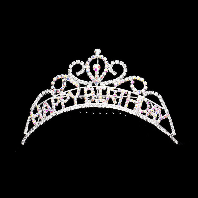 AB Silver Happy Birthday Rhinestone Party Tiara. Turn any cake into a royal treat for your daughter's princess themed birthday party with this Tiara. Ideal for dolling up the guest of honor on her special day, this party tiara also makes a fun cake decoration. Add it to a gift for the birthday girl or lay it at her place setting to be donned right before she blows out the candles on her birthday cake.