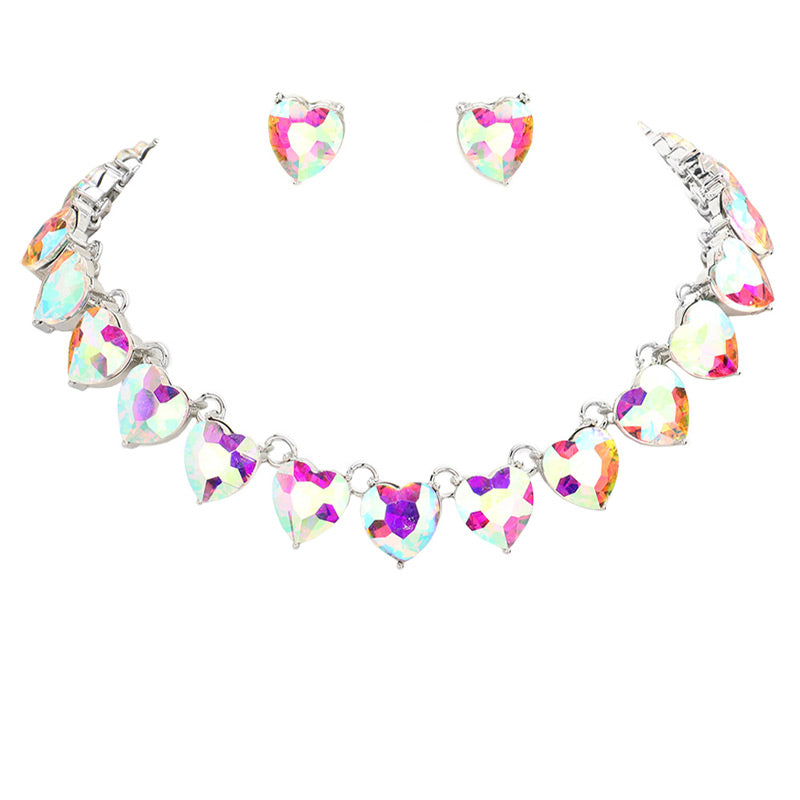 AB Silver Heart Stone Link Evening Necklace, put on a pop of color to complete your ensemble. Perfect for adding just the right amount of shimmer & shine and a touch of class to special events. Wear with different outfits to add perfect luxe and class with incomparable beauty. Perfectly lightweight for all-day wear. coordinate with any ensemble from business casual to everyday wear. Perfect Birthday Gift, Anniversary Gift, Mother's Day Gift, Valentine's Day Gift.