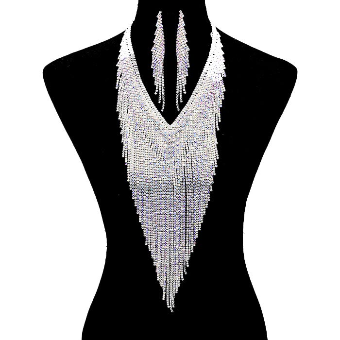 AB Silver Long Drop Pave Crystal Rhinestone Fringe Necklace, These gorgeous Rhinestone pieces will show your perfect beauty & class on any special occasion. The elegance of these rhinestones goes unmatched. Great for wearing at a party! Perfect for adding just the right amount of glamour and sophistication to important occasions. These classy Rhinestone Fringe Jewelry Sets are perfect for parties, Weddings, and Evenings. Awesome gift for birthdays, anniversaries, Valentine’s Day, or any special occasion.