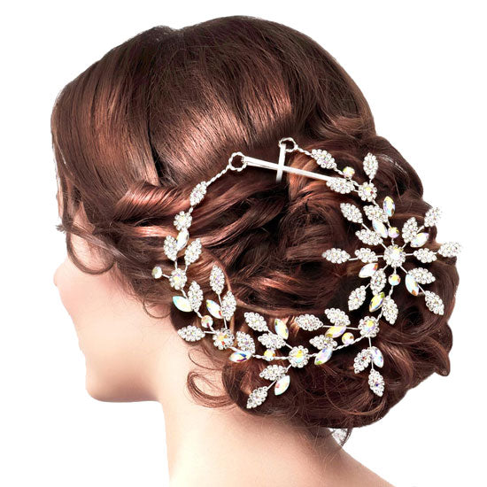 AB Silver Marquise Stone Accented Rhinestone Leaf Cluster Vine Wrap Headpiece. Perfect for adding just the right amount of shimmer & shine, will add a touch of class, beauty and style to your wedding, prom, special events, embellished glass crystal to keep your hair sparkling all day & all night long.
