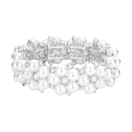 Pearl Flower Cluster Link Stretch Bracelet - ABSilver