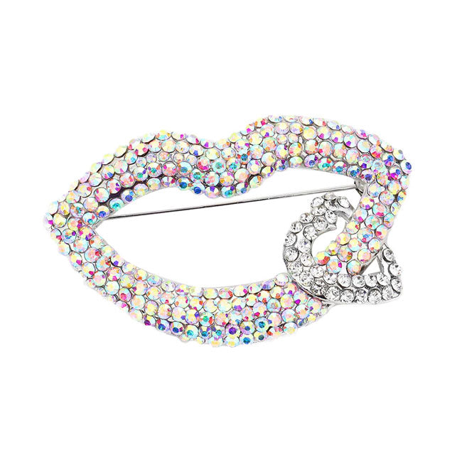 AB Silver Rhinestone Lip Heart Pin Brooch. Get ready with these pin brooches, give your outfit the extra boost it needs. Perfect for adding just the right amount of shimmer & shine and a touch of class to special events. Perfect Birthday Gift, Anniversary Gift, Mother's Day Gift, Gradu