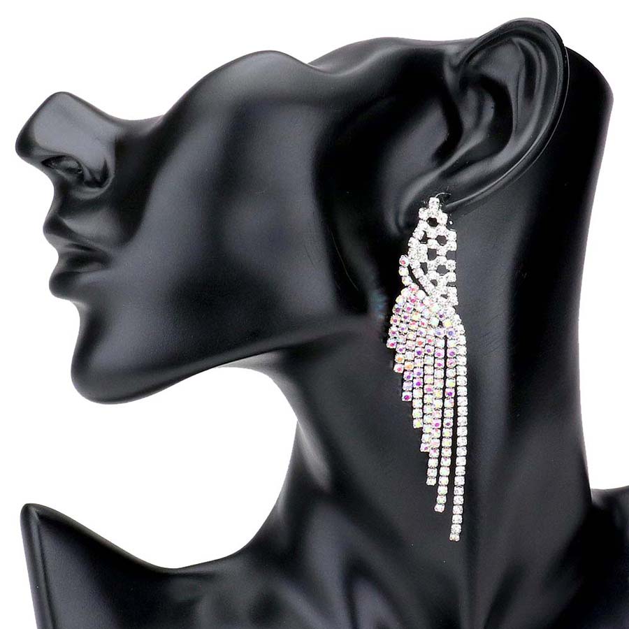 AB Silver Rhinestone Pave Fringe Dangle Evening Earrings, The beautifully crafted fringe design adds a gorgeous glow to any outfit to make you stand out and more confident. Put on a pop of color to complete your ensemble for the special occasion. Perfect jewelry gift to expand a woman's fashion wardrobe with a modern, on-trend style