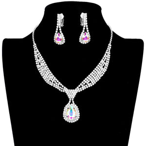 AB Silver Rhinestone Pave Teardrop Collar Necklace & Clip Earring Set, stunning jewelry set will sparkle all night long making you shine out like a diamond. perfect for a night out on the town or a black tie party, Perfect Gift, Birthday, Anniversary, Prom, Mother's Day Gift, Sweet 16, Wedding, Quinceanera, Bridesmaid.