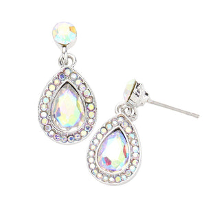 AB Silver Rhinestone Trim Teardrop Stone Dangle Evening Earrings, This teardrop dangle earrings put on a pop of color to complete your ensemble. Beautifully crafted design adds a gorgeous glow to any outfit. Luminous Teardrop Stone and sparkling rhinestones give these stunning earrings an elegant look. Perfect for adding just the right amount of shimmer & shine. Perfect for Birthday Gift, Anniversary Gift, Mother's Day Gift, Graduation Gift.