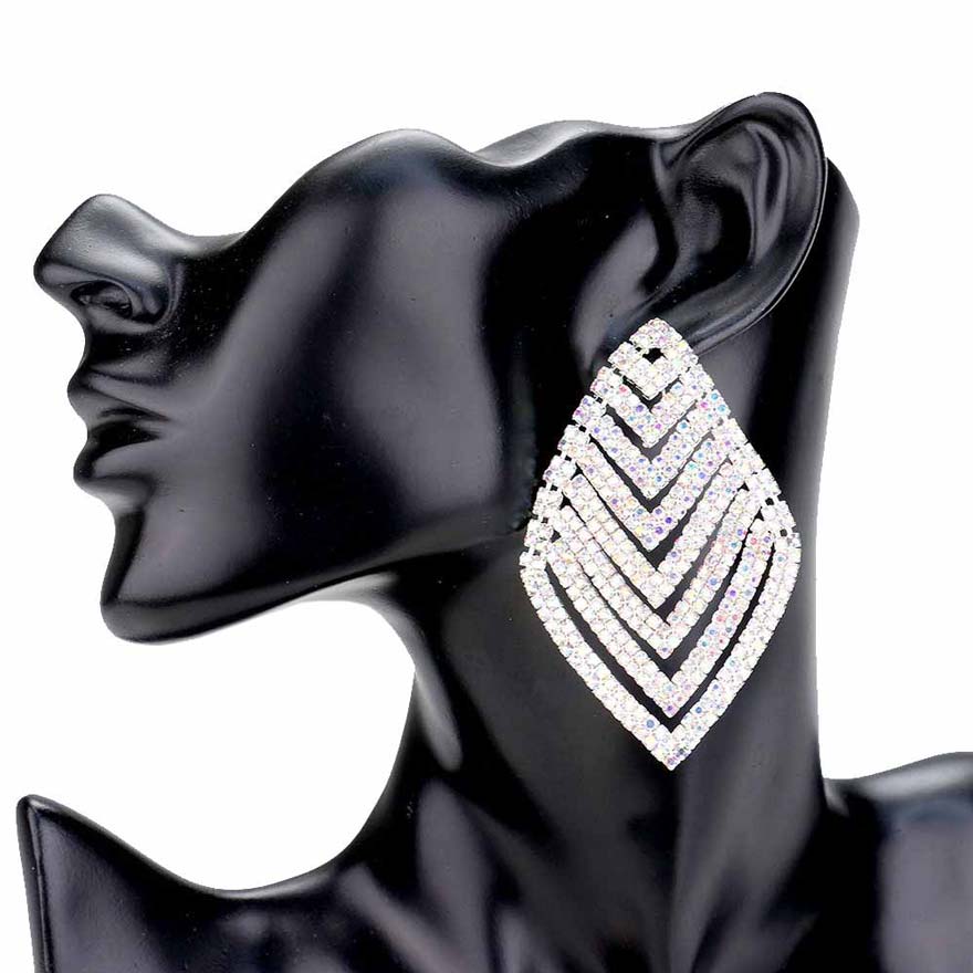 AB Silver Rhinestone V Shape Rhombus Evening Earrings, Elegance becomes your constant companion while wearing these shiny glamorous v-shaped Rhinestone earrings. The perfect sparkling jewelry to add the perfect amount of luxe to your next social or special occasion or event. Coordinate these evening earrings with any ensemble from business casual wear to make you stand out everywhere. Show off your absolute beauty with ultimate luxury.