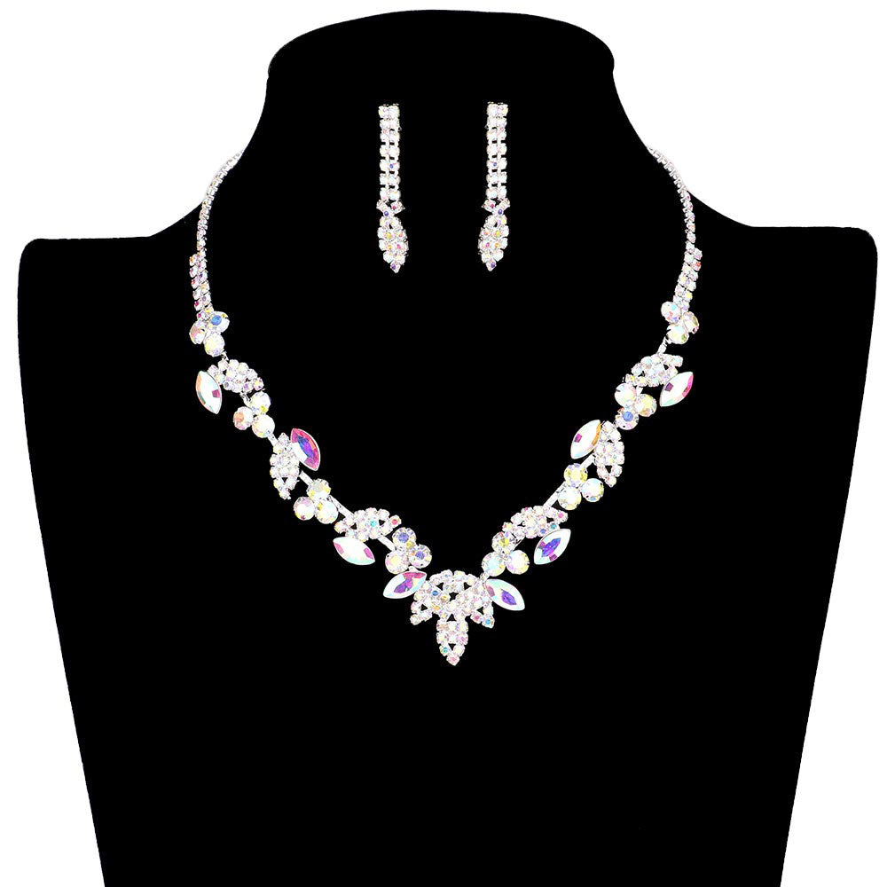 AB Silver Round Marquise Stone Embellished Rhinestone Pave Necklace, stunning jewelry set will sparkle all night long making you shine out like a diamond. simple sophistication makes a standout addition to your collection designed to accent the neckline adds a gorgeous stylish glow to any outfit style, jewelry that fits your lifestyle! The beautiful combination of Flower & Leaf themed pave necklace are the perfect gift for the women in your lives who love flower.