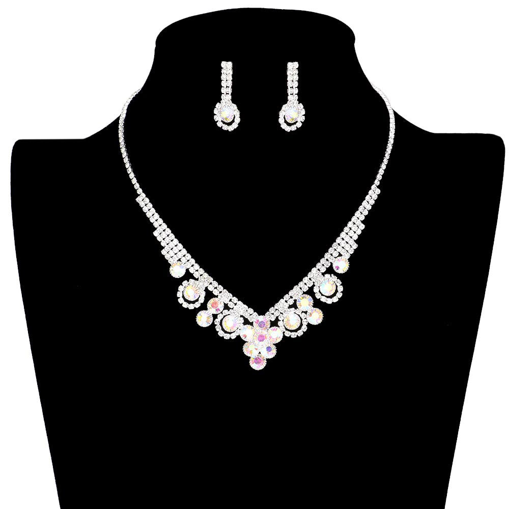 AB Silver Round Stone Flower Accented Rhinestone Pave Necklace, put on a pop of color to complete your ensemble. Perfect for adding just the right amount of shimmer & shine and a touch of class to special events. Wear with different outfits to add perfect luxe and class with incomparable beauty. Perfectly lightweight for all-day wear. coordinate with any ensemble from business casual to everyday wear. Perfect Birthday Gift, Anniversary Gift, Mother's Day Gift, Valentine's Day Gift.